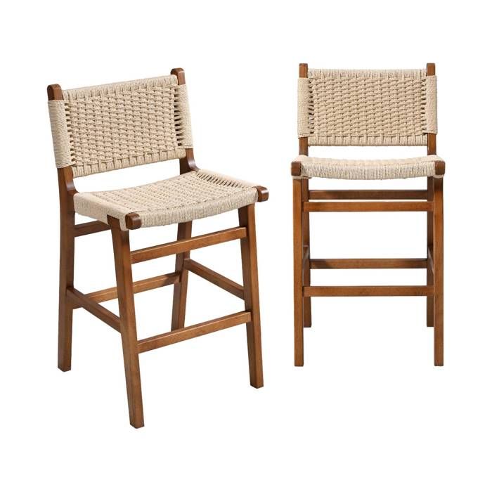 Lot de 2 tabourets de bar en bois dhévéa effet noyer et assise en cordes beiges Lot de 2 tabourets de bar en bois dhévéa effet noyer et assise en cordes beiges