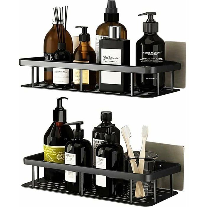 Douche sans perçage en aluminium étagère de salle de bain autocollante rangement résistant à la rouille noir ODIPIE