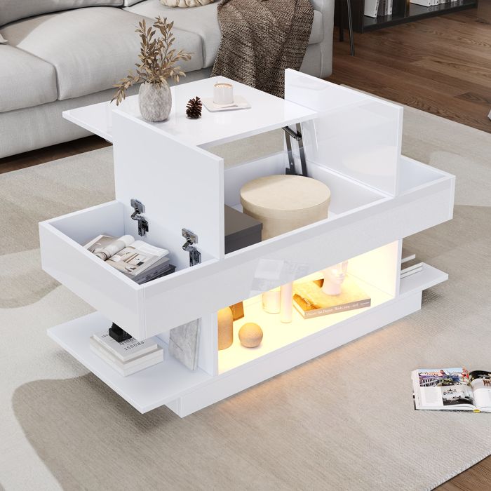 Table basse relevable 98x45x40 cm - Avec LED - 2 étagères pliantes - Rangement semi-ouvert - Finition brillante - Blanc Table basse relevable 98x45x40 cm - Avec LED - 2 étagères pliantes - Rangement semi-ouvert - Finition brillante - Blanc