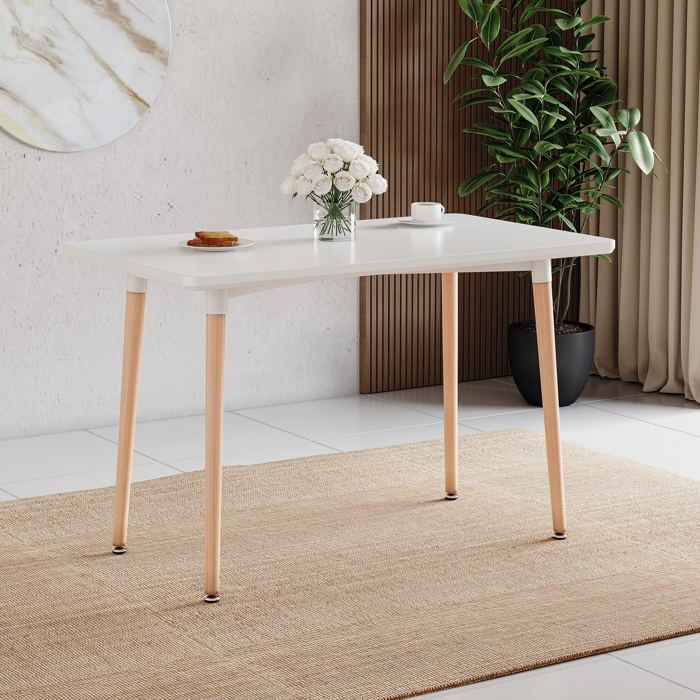 Table à manger carrée 4 places Batley avec pieds en bois de hêtre massif – mobilier moderne pour cuisine et salle à manger – Blanc