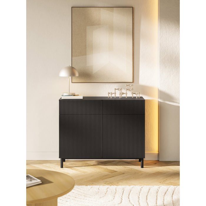 Buffet 2 portes 2 tiroirs façade à rainures – Veldio New – 100 cm – noir