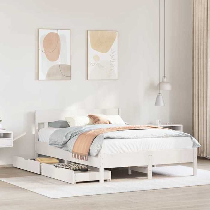 Structure de lit en bois de pin - UU - 140x190 cm - Blanc - Bois de pin massif - Tête de lit - Sommier à lattes