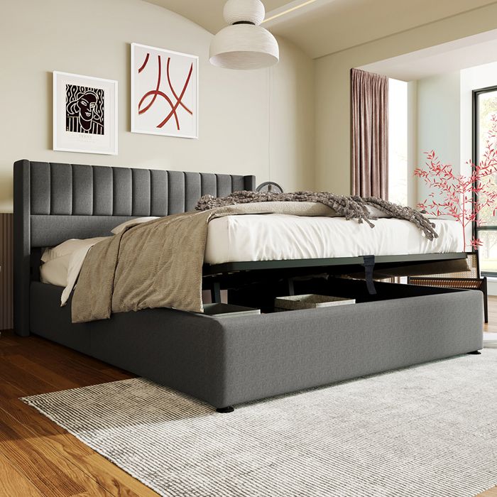 Lit coffre adulte 180x200 cm - Lit double Lit rembourré hydraulique rangement - Sommier à lattes - Tissu lin gris