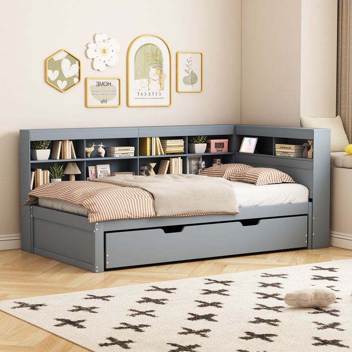 Canapé‑lit 90x200 cm en bois massif gris lit escamotable 90x190 cm prise USB intégrée et rangements