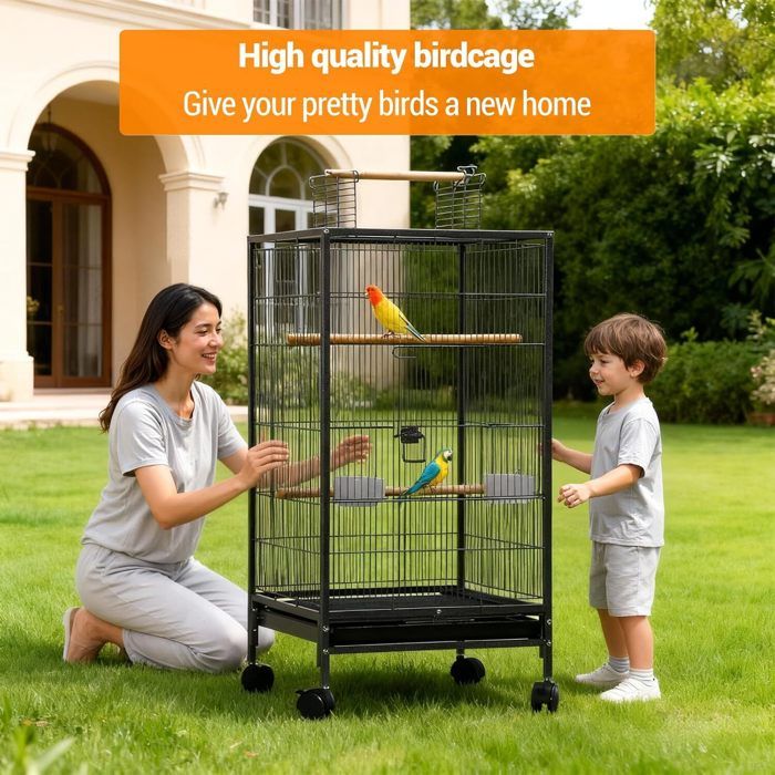 Grande Cage Oiseaux avec Support à Roulette Voliere Cage Perroquet -45.5  X 45.5 X 100.5cm