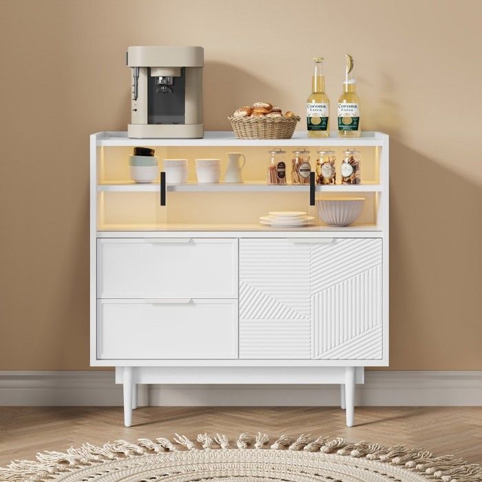 Meuble de salle de bain buffet 80 cm blanc avec bandeau LED et porte vitrée - Rangement élégant 80x35x80 cm pour Meuble de salle de bain buffet 80 cm blanc avec bandeau LED et porte vitrée - Rangement élégant 80x35x80 cm pour
