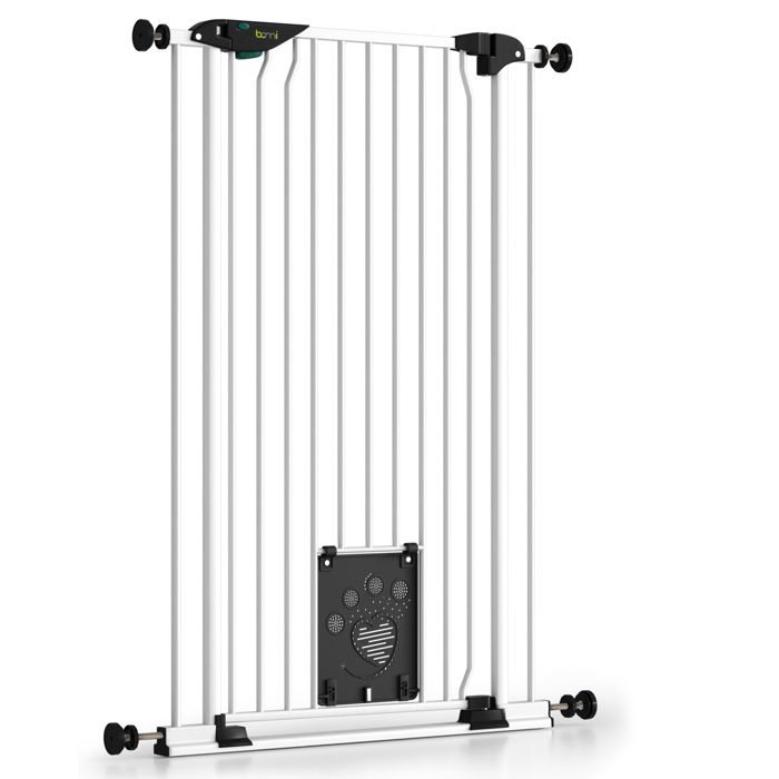 Barrière pour chien extra haute 107 cm – 113–123 cm – Chatière Auto-Close 3 fonctions – Métal – Mira – BOMI