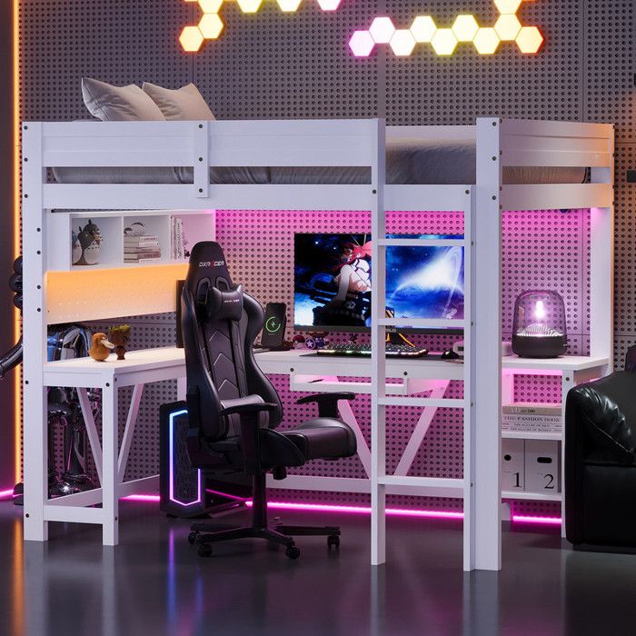 Lit Mezzanine Gaming 90x200 cm avec Bureau Intégré Étagères Éclairage LED 7 Couleurs et Station de Charge (Sans matelas) Blanc Lit Mezzanine Gaming 90x200 cm avec Bureau Intégré Étagères Éclairage LED 7 Couleurs et Station de Charge (Sans matelas) Blanc