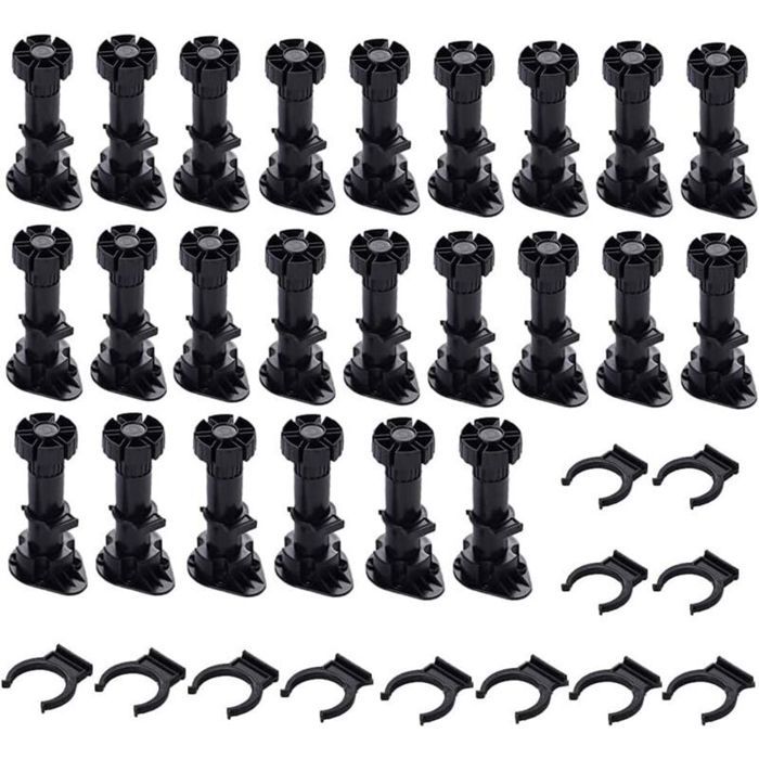 Pieds réglables pour meuble - MHY® - Plastique - Noir - 120-150 mm - 24 pièces - Clips de montage inclus