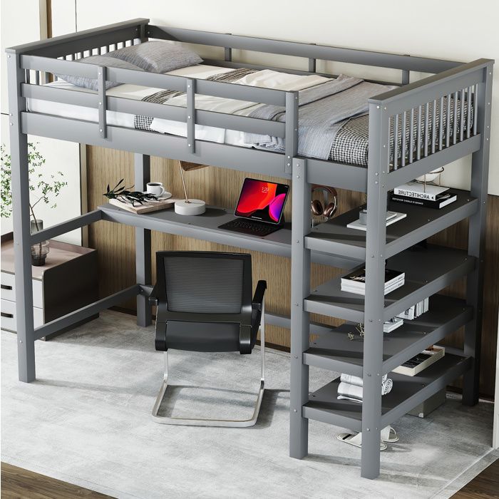 Lit mezzanine enfant gris 90 x 200 cm avec bureau et étagères