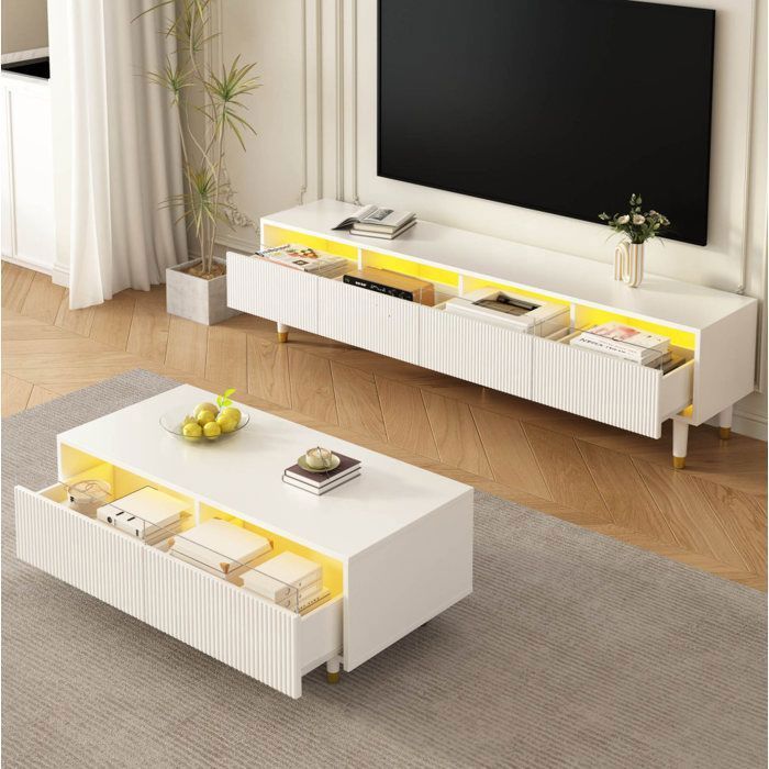 Ensemble meuble TV et table basse blanc L 178 x P 35 x H 45 cm 4 portes + 2 tiroirs LED 7 couleurs