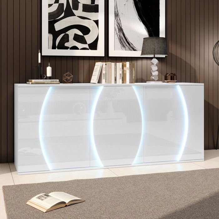Buffet de salon armoire de salon haute brillance avec trois portes armoires de rangement avec portes LED blanc 150x40x70cm