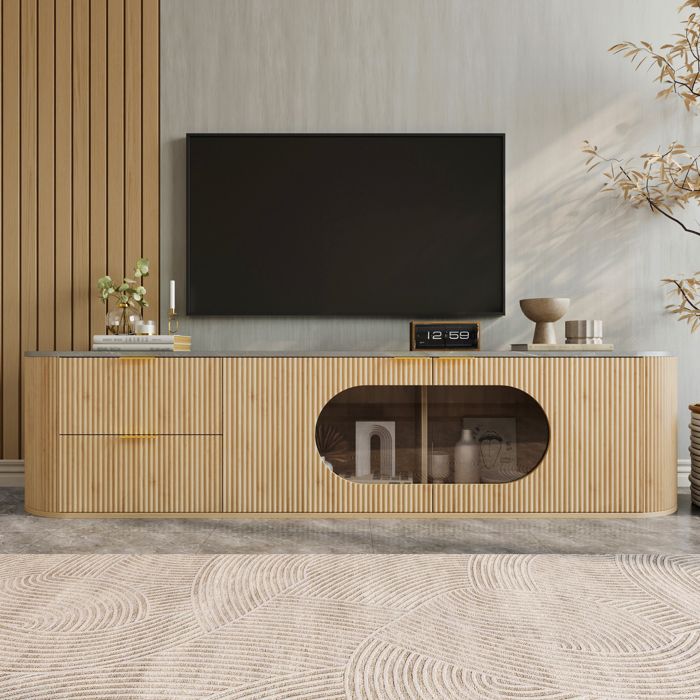 Meuble TV - KOMHTOM - 172x38x45.5 cm - Rangement multi-zones - Portes 3D rainurées - Vitrine ovale verre gris Meuble TV - KOMHTOM - 172x38x45.5 cm - Rangement multi-zones - Portes 3D rainurées - Vitrine ovale verre gris