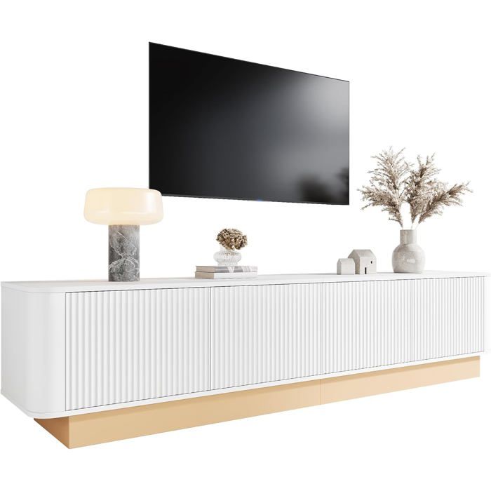 Meuble TV 200 cm - nervuré de style luxe - 4 portes avec grand espace de rangement-commode multimédia pour salon-coins arrondis