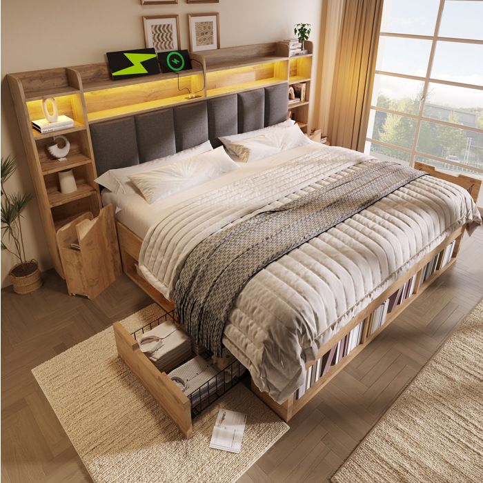 Lit Adulte 160x200 Cm Avec LED Et Ports USB Type-c Rangements Chevets Mobiles Bois Coloris Chêne