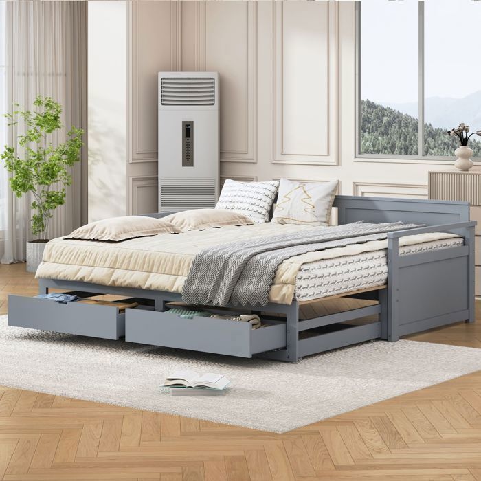 Lit Gigogne 90x190/180x190 - Tiroirs de Rangement Pratiques - lit 2 places - Pin Massif Gris Extensible Gain de Place Adulte Enfant