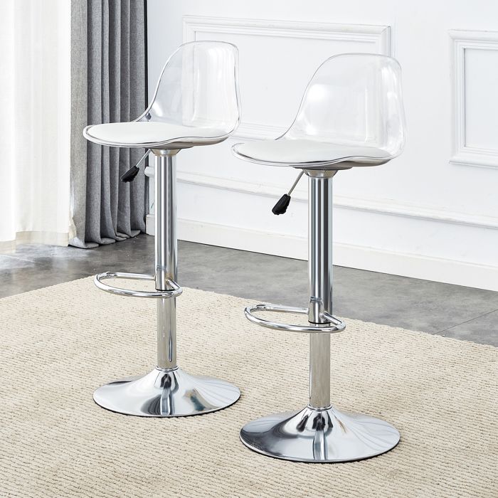 Tabouret de bar 82-104 cm EVRYAE - lot de 2 hauteur réglable siège rotatif 360 et dossier transparent - Blanc et argent