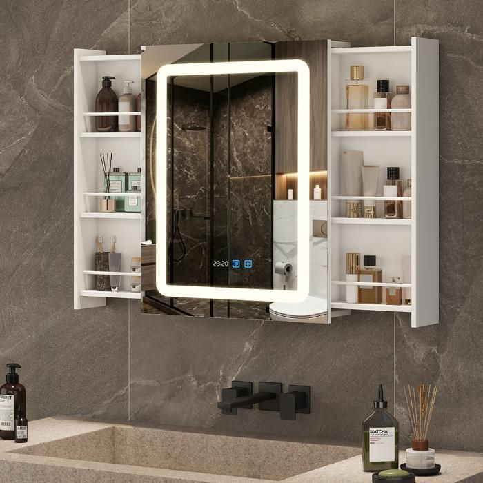 Armoire Murale Salle de Bain avec Miroir LED Réglable 6 Étagères Anti-Buée Meuble de Salle de bain Blanc