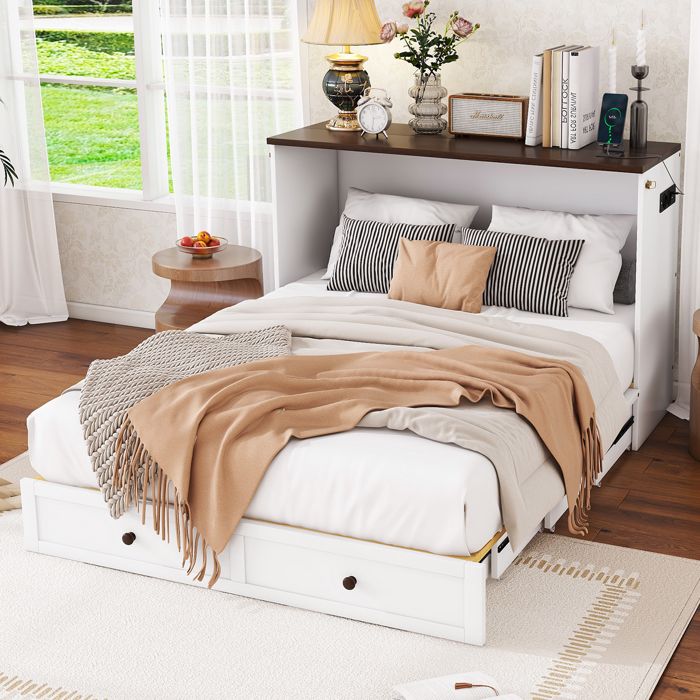 Lit Double 140x200 cm Lit Double Ado Adulte Escamotable avec Étagère et Tiroirs Intégrés Ports USB Inclus Bois de Pin et MDF Blanc
