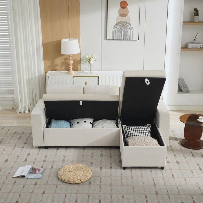 Canapé dangle - 202x136x85 cm - Chenille beige - Méridienne réversible - Rangement intégré