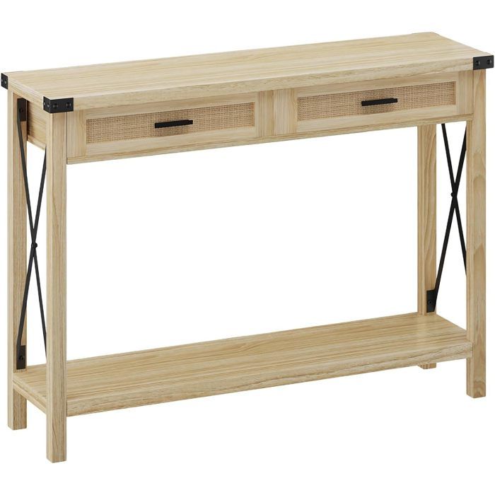 Table Console 2 Tiroirs Et Étagères Ouvertes Console dEntrée en Rotin pour Rangement dans lEntrée Le Couloir Ou Le Salon