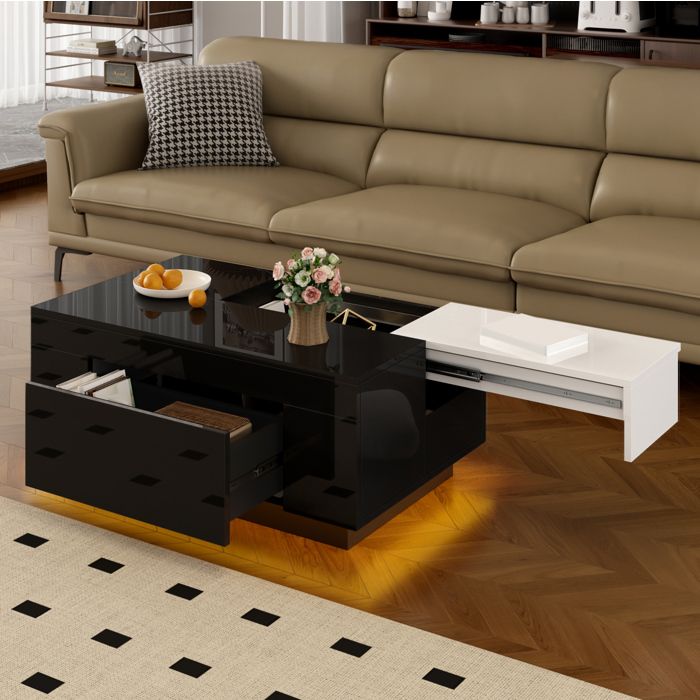 Table basse – LED RGB Bluetooth – noir et blanc brillant – extensible – tiroir caché – MDF