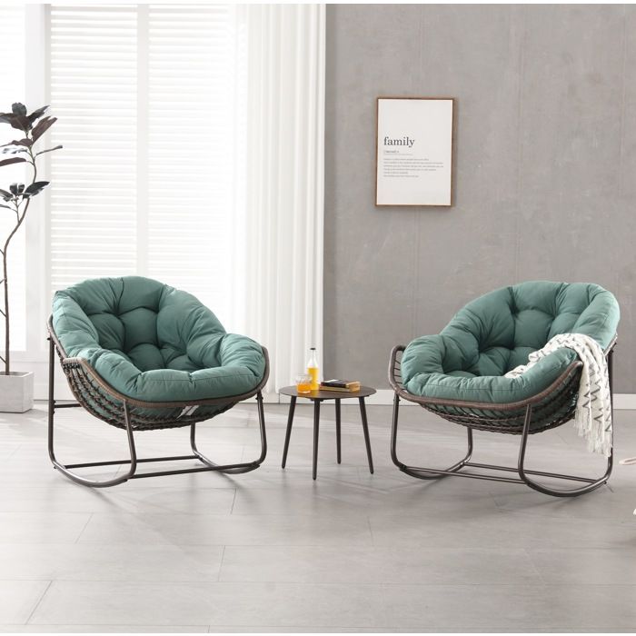 Fauteuil à bascule œuf oversize en rotin tressé vert avec coussin épais acier pour intérieur et extérieur