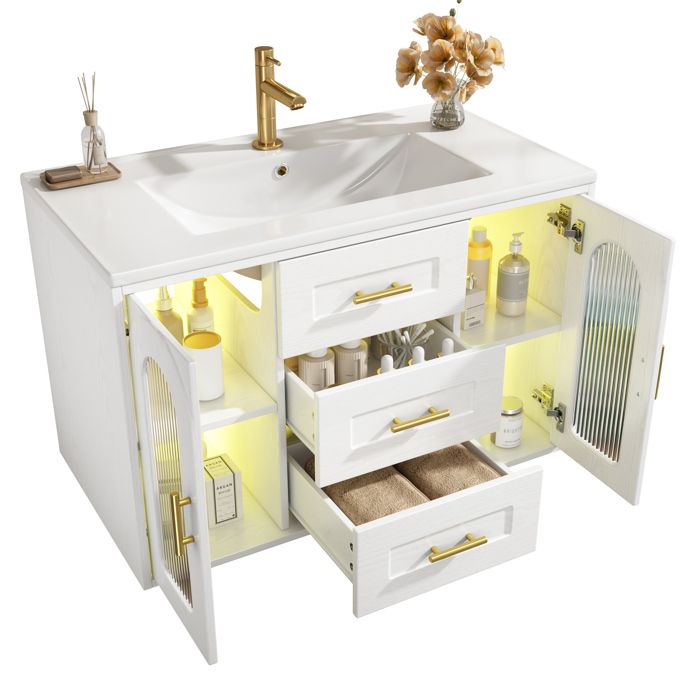 Meuble Lavabo Suspendu 76cm avec Vasque en Céramique 3 Tiroirs Meuble Lavabo Salle de Bain avec LED Étagères réglables Blanc