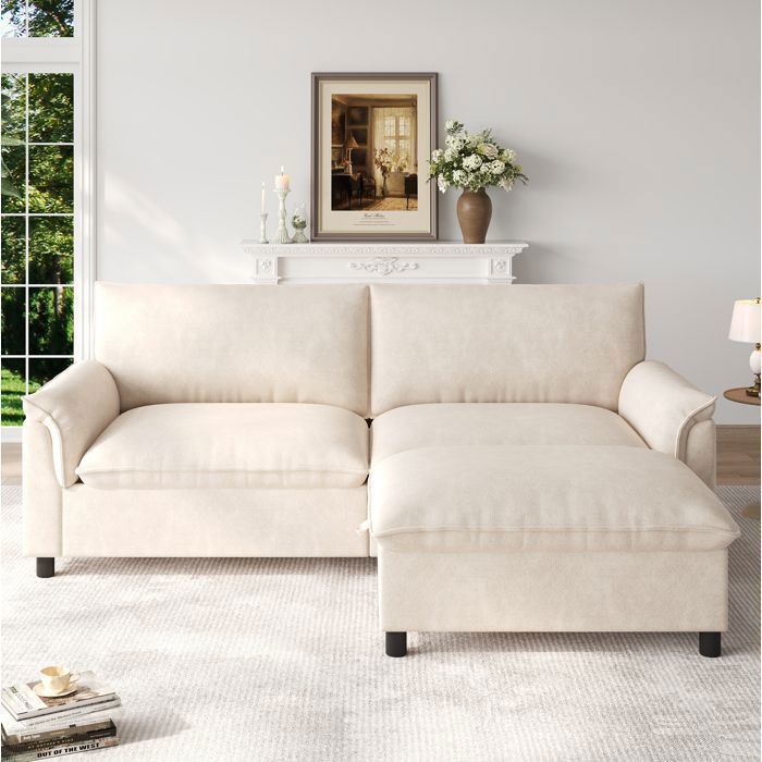 Canapé d’angle modulable 2 places en chenille beige avec ottoman