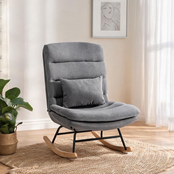 Fauteuil à bascule large 72 cm revêtement aspect lin ton gris structure métal dossier haut 74 cm