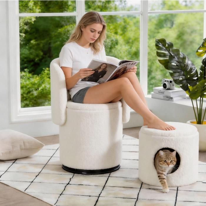 Modenuit fauteuil coiffeuse pivotant 360° avec rangement intégré tissu teddy blanc pouf pour chat inclus