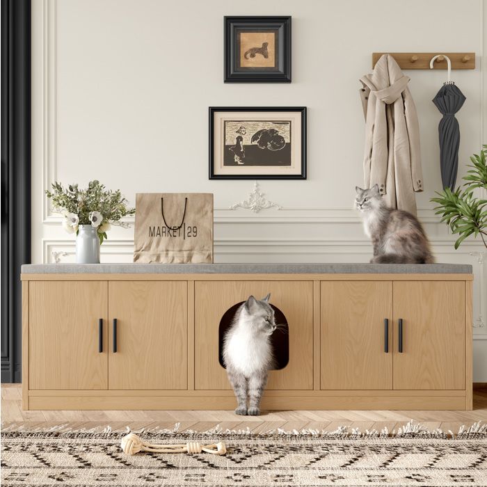 WOVREO meuble cache-litière chat 140 x 40 x 45 5 cm avec griffoir ventilation rangement aspect chêne