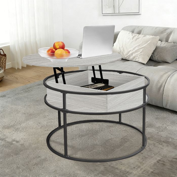 OHMG-Table Basse Ronde Réglable En Hauteur-Rangement Multifonctionnel-Espace De Rangement Caché-Couleur Bois Clair+Étagère Noire