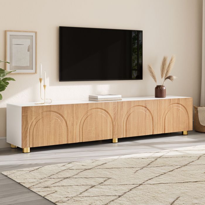 Meuble TV Bas 180x35x40 cm LEMLIT Meuble TV 4 Portes avec Façades à Relief Arqué Pieds Métal Grand Rangement MDF - Blanc et Bois