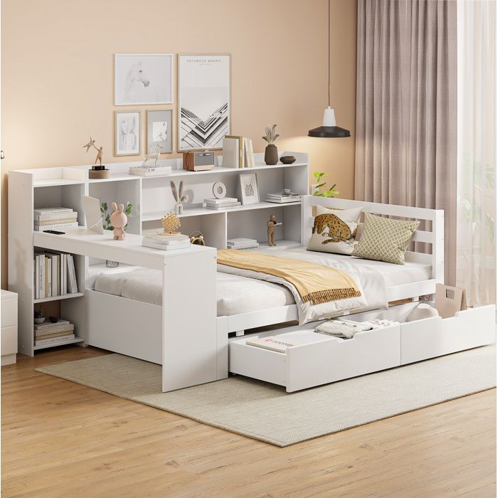 Lit Combiné Simple 90×200 cm Bureau Bibliothèque 2 Tiroirs et USB - YEAVIO - sans Matelas Bois - Blanc