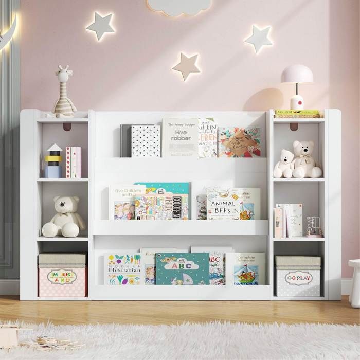 Bibliothèque Enfant avec 3 Étagères Frontales et 6 Niches - pour Chambre - en MDF - Blanc - 140×30×95 cm