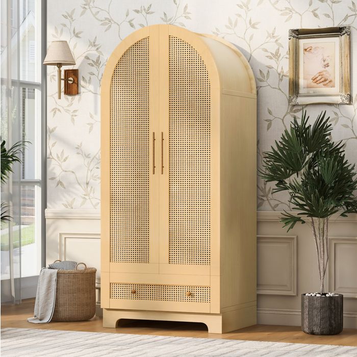 Armoire 2 portes EVRYAE 70 x 55 x 170 cm avec 2 tiroirs et rangement effet rotin bois