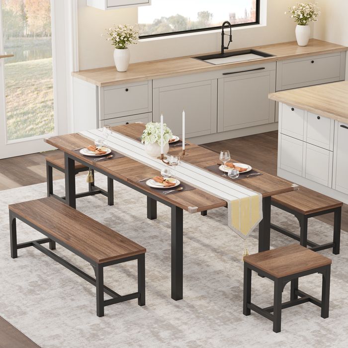 Ensemble repas extensible 5 pièces pour 6-8 table industrielle avec 2 bancs rembourrés et 2 tabourets montage facile