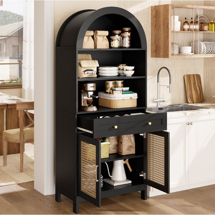 WOVREO Vitrine armoire de rangement moderne en arche portes effet rotin 3 étagères ouvertes 1 tiroir noir bois naturel