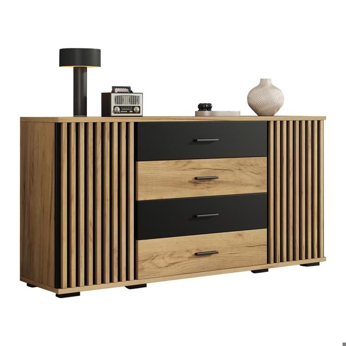 Buffet avec avec 4 Tiroirs et 2 Portes étagères Réglables Commode Moderne Buffet Salle à Manger pour Salon Entrée 140x35x70cm