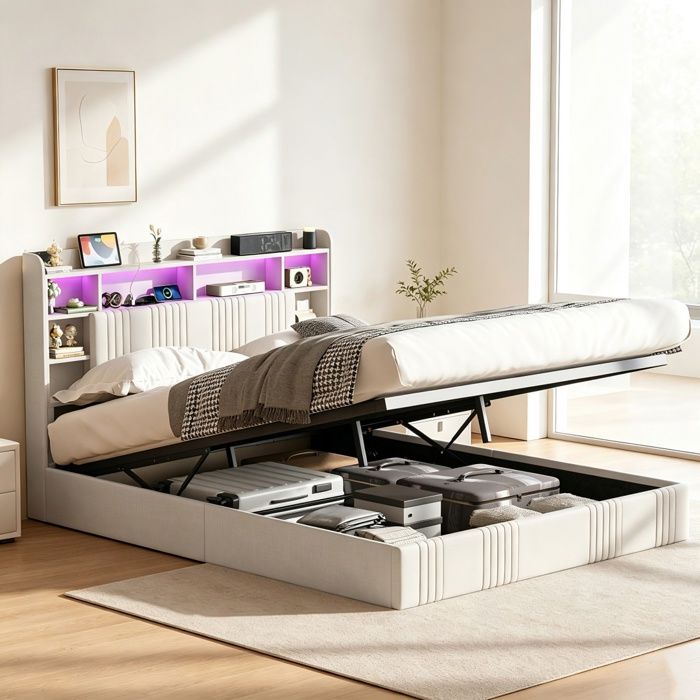 Structure de lit double 160 x 200 cm - Lit adulte avec rangement - Sommier à lattes - Structure en métal - Lin - Beige