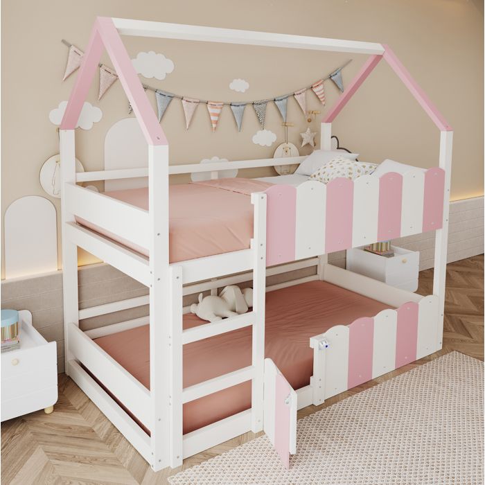 Lit superposé enfant 90 x 200 cm design maison en bois rose et blanc avec échelle droite et barrières de sécurité
