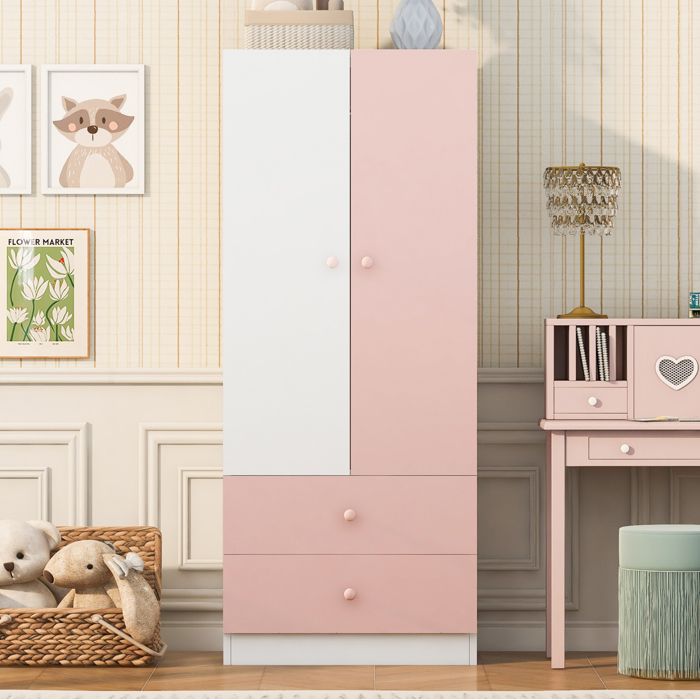 Armoire De Chambre 70x40x170cm Rose/Blanc Armoire Penderie FloraGrace Pour Chambre Montage À Faire Soi-Même Avec 2 Tiroirs