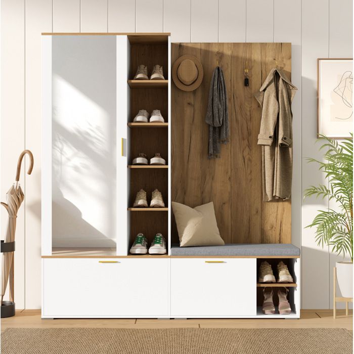 VUENOR meuble d’entrée 160 x 38 x 180 cm blanc et décor bois avec miroir