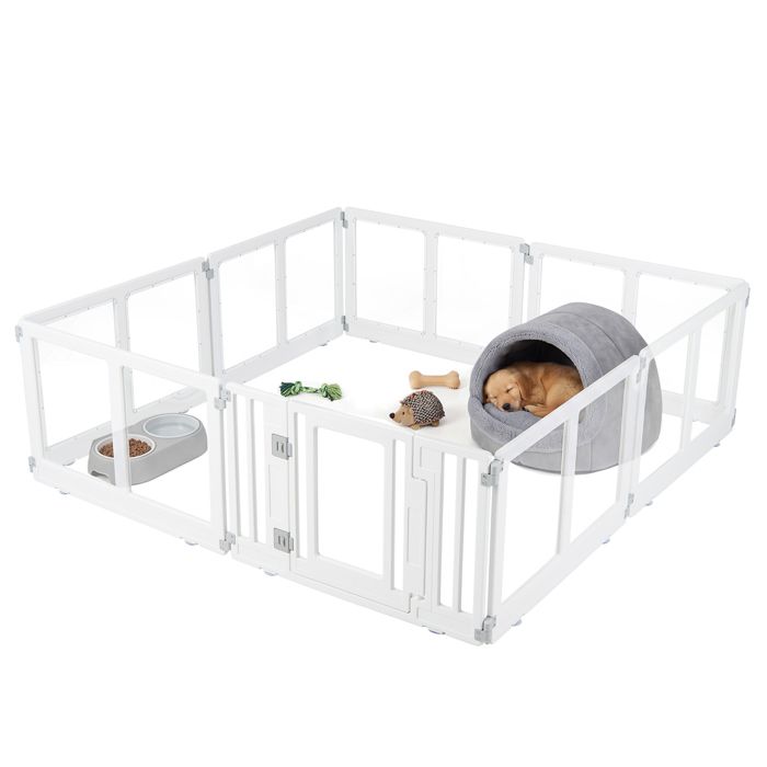 Barrière de Sécurité Modulable pour Animaux COSTWAY 8 Panneaux en HDPE Porte Verrouillable Intérieur/Extérieur Ventouses Piquets
