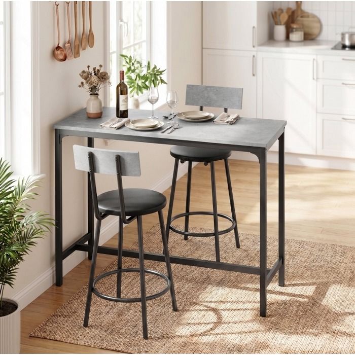 Ensemble table haute avec 2 tabourets - Compact et confortable - TCQPZ - pour petite cuisine en MDF gris