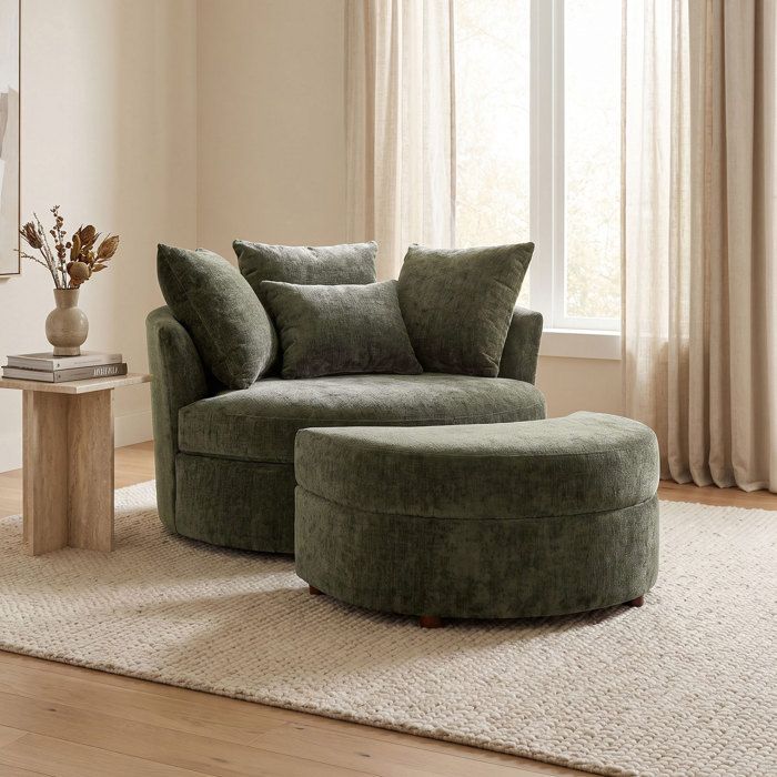 Fauteuil rond loveuse pivotante + coffre en tissu chenille kaki