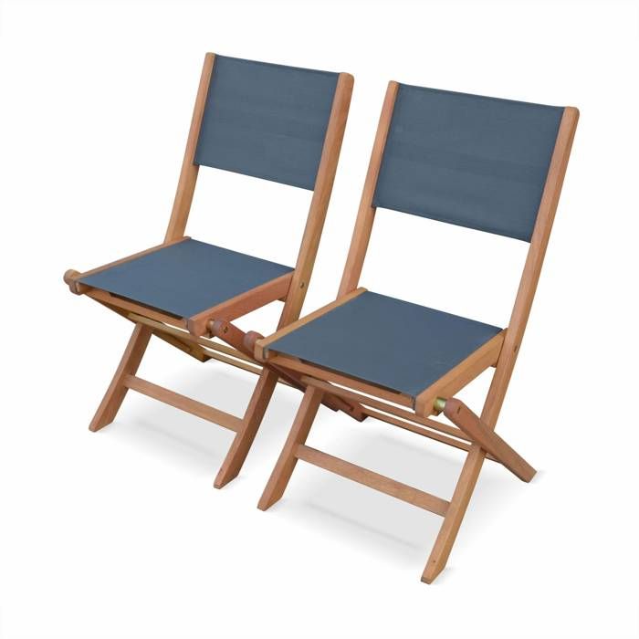Lot de 2 chaises de jardin en bois Almeria, 2 chaises pliantes Eucalyptus FSC huilé et textilène gris anthracite