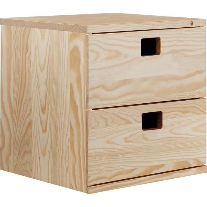 cube de rangement 2 tiroirs pin masif - 36.2 x 36.2 x 33 cm - bois brut