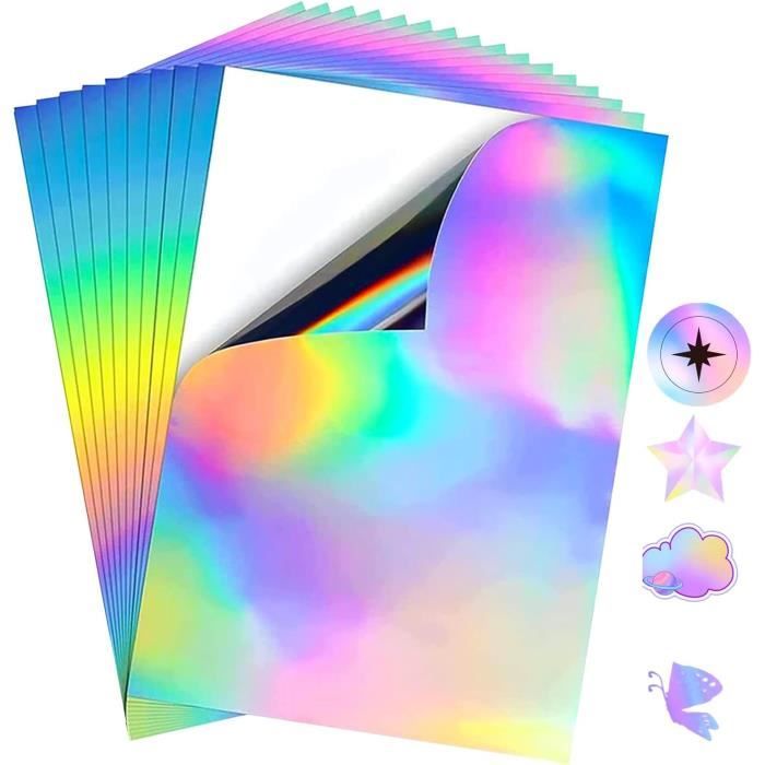 Lot 12 Feuilles A4 Autocollantes Holographiques - 4 Motifs - Vinyle Transparent Imperméable